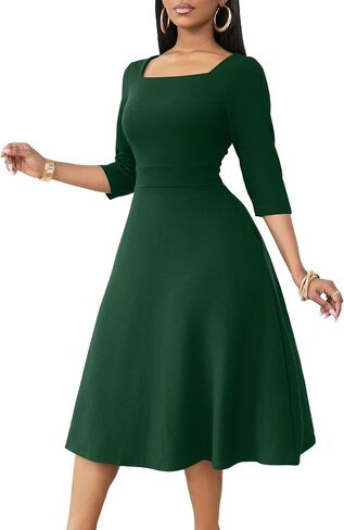 Nmoder Midi Dresses for Women A-Line Fit and Flare Dress 3/4 Sleeve Work Square Neck Cocktail Wedding Dress with Pockets in Saudi Arabia