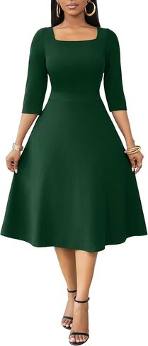 Nmoder Midi Dresses for Women A-Line Fit and Flare Dress 3/4 Sleeve Work Square Neck Cocktail Wedding Dress with Pockets in Saudi Arabia