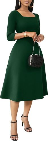 Nmoder Midi Dresses for Women A-Line Fit and Flare Dress 3/4 Sleeve Work Square Neck Cocktail Wedding Dress with Pockets in Saudi Arabia