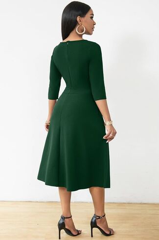 Nmoder Midi Dresses for Women A-Line Fit and Flare Dress 3/4 Sleeve Work Square Neck Cocktail Wedding Dress with Pockets in Saudi Arabia