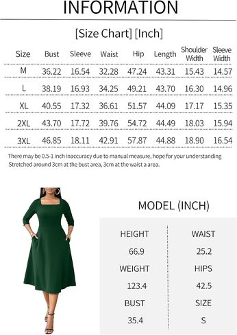 Nmoder Midi Dresses for Women A-Line Fit and Flare Dress 3/4 Sleeve Work Square Neck Cocktail Wedding Dress with Pockets in Saudi Arabia