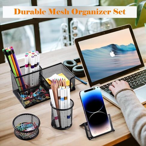 Pen Holder for Desk, Desk Organizers Set-3 Compartments Mesh Pencil Holder with Pencil Pen Cup and Paper Clip holder, Desk Accessories for Marker Craft, Ideal Office School Supplies(3 pack, Black) in Saudi Arabia