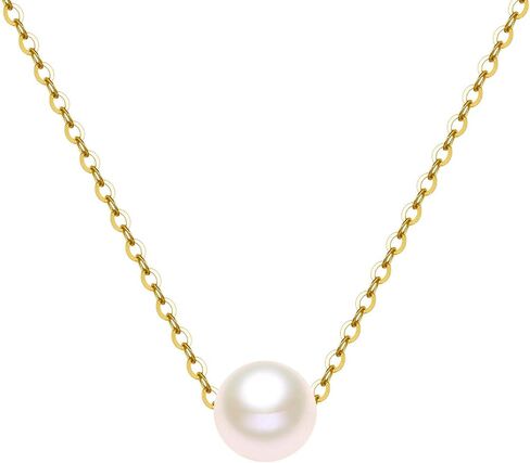 10K Real Yellow Gold Pearl Necklace, Real White Freshwater Cultured Pearl Pendant Necklace, 8mm Dainty Adjustable Single Floating Pearl Choker Necklace for Women, Girls 18 Inch in Saudi Arabia
