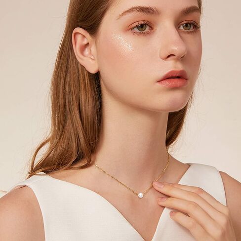 10K Real Yellow Gold Pearl Necklace, Real White Freshwater Cultured Pearl Pendant Necklace, 8mm Dainty Adjustable Single Floating Pearl Choker Necklace for Women, Girls 18 Inch in Saudi Arabia