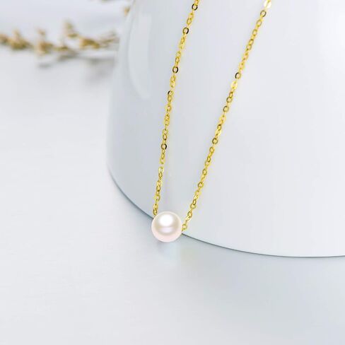 10K Real Yellow Gold Pearl Necklace, Real White Freshwater Cultured Pearl Pendant Necklace, 8mm Dainty Adjustable Single Floating Pearl Choker Necklace for Women, Girls 18 Inch in Saudi Arabia