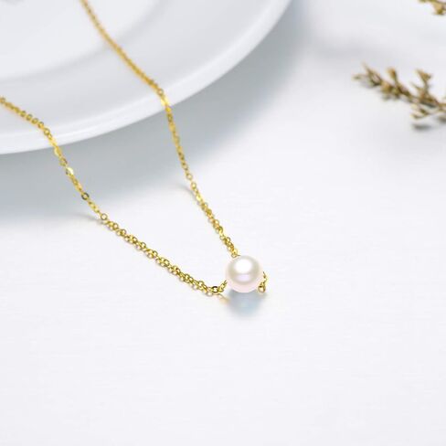 10K Real Yellow Gold Pearl Necklace, Real White Freshwater Cultured Pearl Pendant Necklace, 8mm Dainty Adjustable Single Floating Pearl Choker Necklace for Women, Girls 18 Inch in Saudi Arabia
