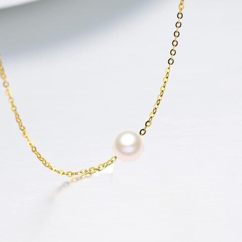 10K Real Yellow Gold Pearl Necklace, Real White Freshwater Cultured Pearl Pendant Necklace, 8mm Dainty Adjustable Single Floating Pearl Choker Necklace for Women, Girls 18 Inch in Saudi Arabia