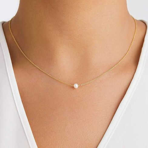 10K Real Yellow Gold Pearl Necklace, Real White Freshwater Cultured Pearl Pendant Necklace, 8mm Dainty Adjustable Single Floating Pearl Choker Necklace for Women, Girls 18 Inch in Saudi Arabia