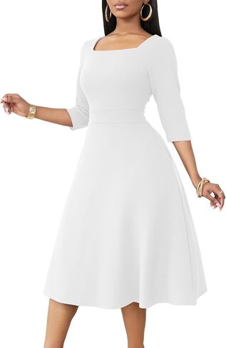 Nmoder Midi Dresses for Women A-Line Fit and Flare Dress 3/4 Sleeve Work Square Neck Cocktail Wedding Dress with Pockets in Saudi Arabia