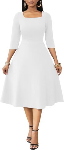 Nmoder Midi Dresses for Women A-Line Fit and Flare Dress 3/4 Sleeve Work Square Neck Cocktail Wedding Dress with Pockets in Saudi Arabia