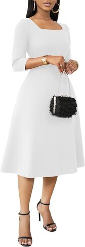 Nmoder Midi Dresses for Women A-Line Fit and Flare Dress 3/4 Sleeve Work Square Neck Cocktail Wedding Dress with Pockets in Saudi Arabia