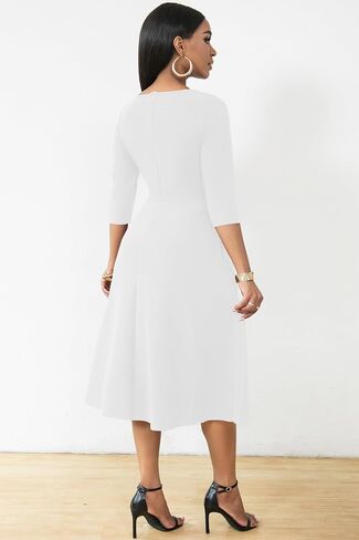 Nmoder Midi Dresses for Women A-Line Fit and Flare Dress 3/4 Sleeve Work Square Neck Cocktail Wedding Dress with Pockets in Saudi Arabia