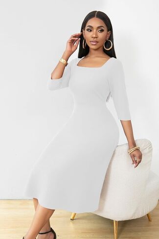 Nmoder Midi Dresses for Women A-Line Fit and Flare Dress 3/4 Sleeve Work Square Neck Cocktail Wedding Dress with Pockets in Saudi Arabia