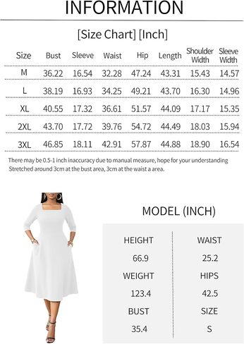 Nmoder Midi Dresses for Women A-Line Fit and Flare Dress 3/4 Sleeve Work Square Neck Cocktail Wedding Dress with Pockets in Saudi Arabia