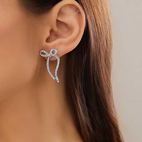 Gold Sparkly Rhinestone Bow Earrings for Women Teen Girls,Long Chain Bowknot Tassel Drop Dangle Earrings Jewelry for Gifts Party,Trendy Crystal Studs Earrings in Saudi Arabia