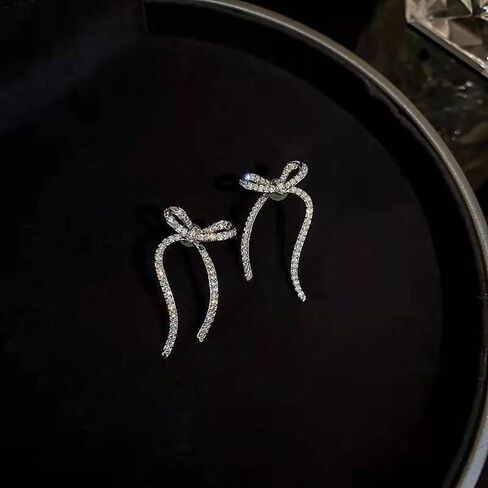 Gold Sparkly Rhinestone Bow Earrings for Women Teen Girls,Long Chain Bowknot Tassel Drop Dangle Earrings Jewelry for Gifts Party,Trendy Crystal Studs Earrings in Saudi Arabia