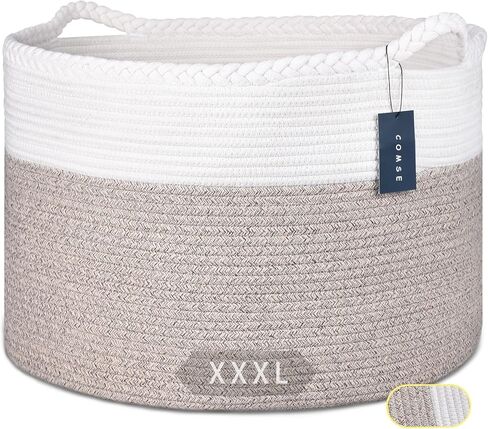 COMSE Extra Large Blanket Basket, Storage Basket, Woven Laundry Basket, 21.7"x 13.8", Cotton Rope Basket, XXXL Laundry hamper, Toy Basket, Woven Basket, Clothes Baskets, Black/Camel in Kuwait