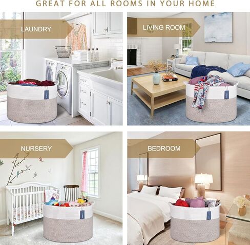 COMSE Extra Large Blanket Basket, Storage Basket, Woven Laundry Basket, 21.7"x 13.8", Cotton Rope Basket, XXXL Laundry hamper, Toy Basket, Woven Basket, Clothes Baskets, Black/Camel in Kuwait