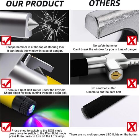 قفل عجلة القيادة 4 في 1 مع مصباح يدوي/إضاءة LED SOS، قاطع حزام الأمان، مطرقة الهروب، مفتاحين قفل توجيه قابل للسحب، قفل مضاد للسرقة للسيارة، عالمي للسيارات/الشاحنة/سيارات الدفع الرباعي/الشاحنة الصفراء in Saudi Arabia