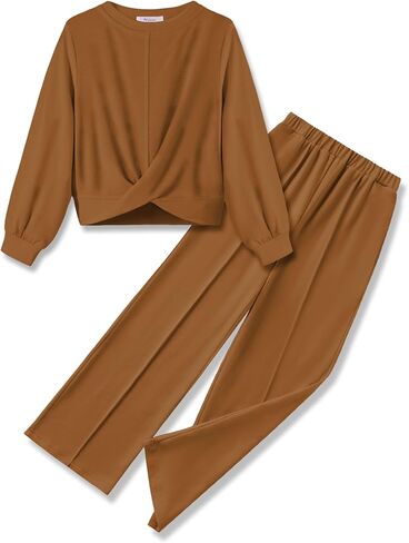 Arshiner Girls 2 Piece Outfits Sweatsuit Set Twist Front Sweatshirt Wide Leg Sweatpants Tracksuit with Pockets in Saudi Arabia