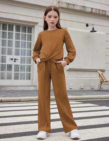 Arshiner Girls 2 Piece Outfits Sweatsuit Set Twist Front Sweatshirt Wide Leg Sweatpants Tracksuit with Pockets in Saudi Arabia