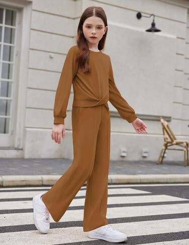 Arshiner Girls 2 Piece Outfits Sweatsuit Set Twist Front Sweatshirt Wide Leg Sweatpants Tracksuit with Pockets in Saudi Arabia