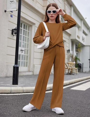 Arshiner Girls 2 Piece Outfits Sweatsuit Set Twist Front Sweatshirt Wide Leg Sweatpants Tracksuit with Pockets in Saudi Arabia