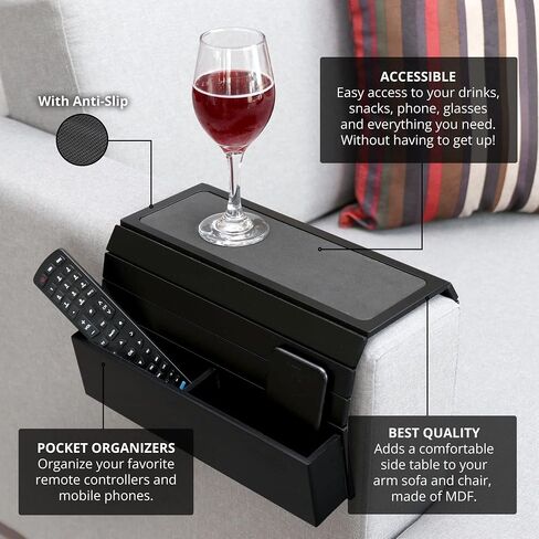 meistar Sofa Tray Table with EVA base. Remote Control and Cellphone Organizer Holder, Arm Rest Organizer, Arm Rest Table with Pockets. Fits over square chair arms. (Black) in Saudi Arabia