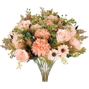Artificial Flowers 3 Bundles Fake Fall Flowers Pink Fake Roses Autumn Faux Flowers Silk Bouquets with Hydrangea Arrangement for Fall Wedding Party Bridal Baby Shower Home Decor(Champagne)