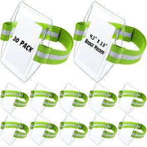 30 Pcs Arm Badge Holder Armband ID Card Holder with Hook and Loop Fastener Clear Plastic Name Tag Badge Holder, Universal Size (Blue,Reflective Strips)