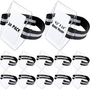 30 Pcs Arm Badge Holder Armband ID Card Holder with Hook and Loop Fastener Clear Plastic Name Tag Badge Holder, Universal Size (Blue,Reflective Strips)