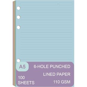 A5 Filler Paper, 6 Hole Colorful Refills Lined Paper for 6 Ring Refillable Binder, 110 Gsm 5-Color Loose Leaf Planner Refill Paper, 100 Sheets/200 Pages, 5.7 x 8.3 Inch