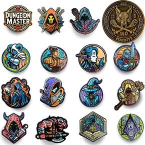 PIN QUEST by Foxbite - Complete Dungeons & Dragons 5e Accessory Set - 15 Enamel Lapel Pins, Dungeon Master Coin, D&D Themed Sticker, Mimic Chest, Tower with Tray, Wood Laser Etched Cthulhu Portable Collapsible Dice Roller - Ideal for D&D Players and Dunge