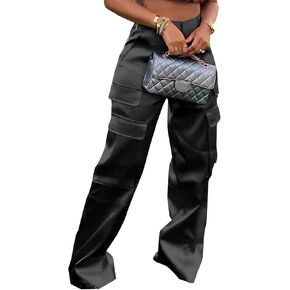 Women's Shiny Satin Cargo Pants Silky Metallic Extra Long Casual Trousers with Multi Pockets