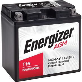 Energizer T16 AGM Motorcycle and Personal Water Craft 12V Battery, 260 Cold Cranking Amps and 19 Ahr. Replaces: T16 and others , Black