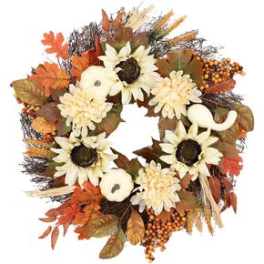 17.7Inch Fall Wreath for Front Door Pumpkin Wreath with Maple, Acorn, Grain, Sunflowers, Dahlia, Artificial Autumn Wreaths for Thanksgiving Halloween Décor