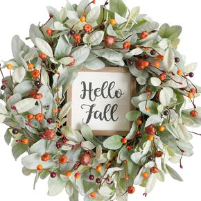 Bibelot Fall Wreaths for Front Door, 18'' Artificial Eucalyptus Leaves Wreath with Berries Pumpkin,Lambs Ear Wreath,Autumn Wreaths for Front Door Outside Porch Wall Farmhouse Home Decor …