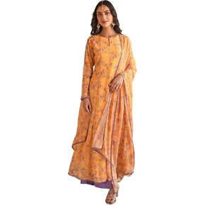 Janasya Indian Women's Yellow Georgette Floral Print Kurta with Flared Palazzo and Dupatta