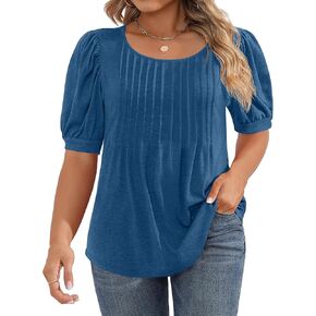 Women's Plus Size Puff Short Sleeve Tunic Tops Crew Neck Pleated Blouses Summer Casual T Shirt Blouse 1X-5X