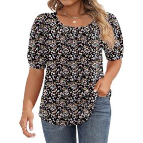Women's Plus Size Puff Short Sleeve Tunic Tops Crew Neck Pleated Blouses Summer Casual T Shirt Blouse 1X-5X