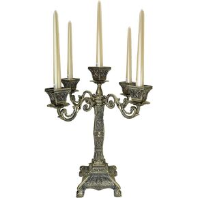 Metal Candelabra 17" Height, Candle Holder with 5 Arms,Antique Bronze Furnish Candle Holder, Centerpiece for Home Decro,Wedding Event, Party,1 Pack (Golden Blue)