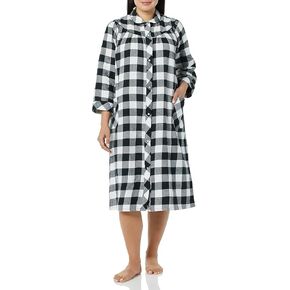 AmeriMark Women's Flannel Calf Length Snap Front Duster House Coat – Plush Bath Robe – Loose Plaid Bathrobe ¾ Sleeves