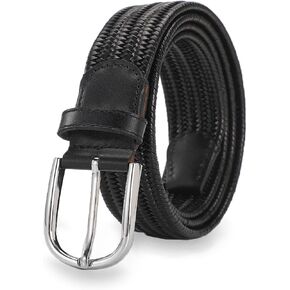 Leather Braided Belt for Men Jeans Golf, 1 3/8" Stretch Woven Leather Belts Casual Fully Adjustable Belt
