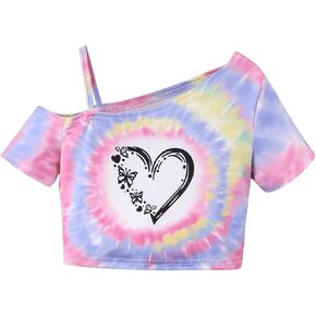 SHENHE Girl's Tie Dye Heart Print Asymmetrical Neck Tee Shirts Short Sleeve Casual Top