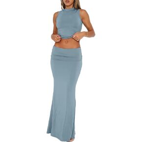 Skirt Sets Women 2 Piece Outfits - Sexy Two Pc Sleeveless Tank Crop Top Fold Over Maxi Long Skirts