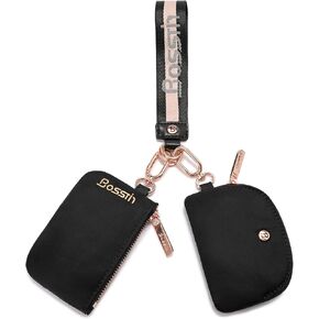 Dual Pouch Wristlet Wallet for Women Mini Keychain Zip Around Wristlet Wallet Portable Coin Purse Pouch (Black)