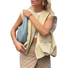 Women's Lightweight Zip Up Vest Cargo Oversized Sleeveless Ruched Hem Blazer Jackets Top with Pockets