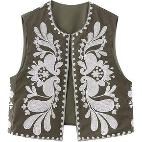 Women Vintage Embroidered Vest Y2k Sleeveless Open Front Linen Top Floral Crochet Flower Cardigan Fashion Vest Top