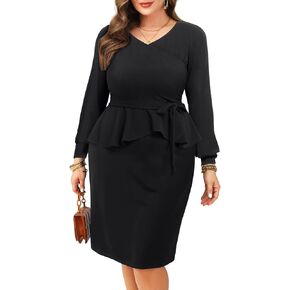 Pinup Fashion Work Dresses for Women Plus Size - Peplum Business Church Office Long Sleeve Pencil Sheath Dress