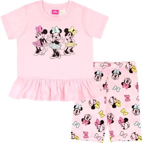 Disney Minnie Mouse, Lilo and Stitch Girls 2 Piece Princess Tee, T Shirt and Biker Short Set